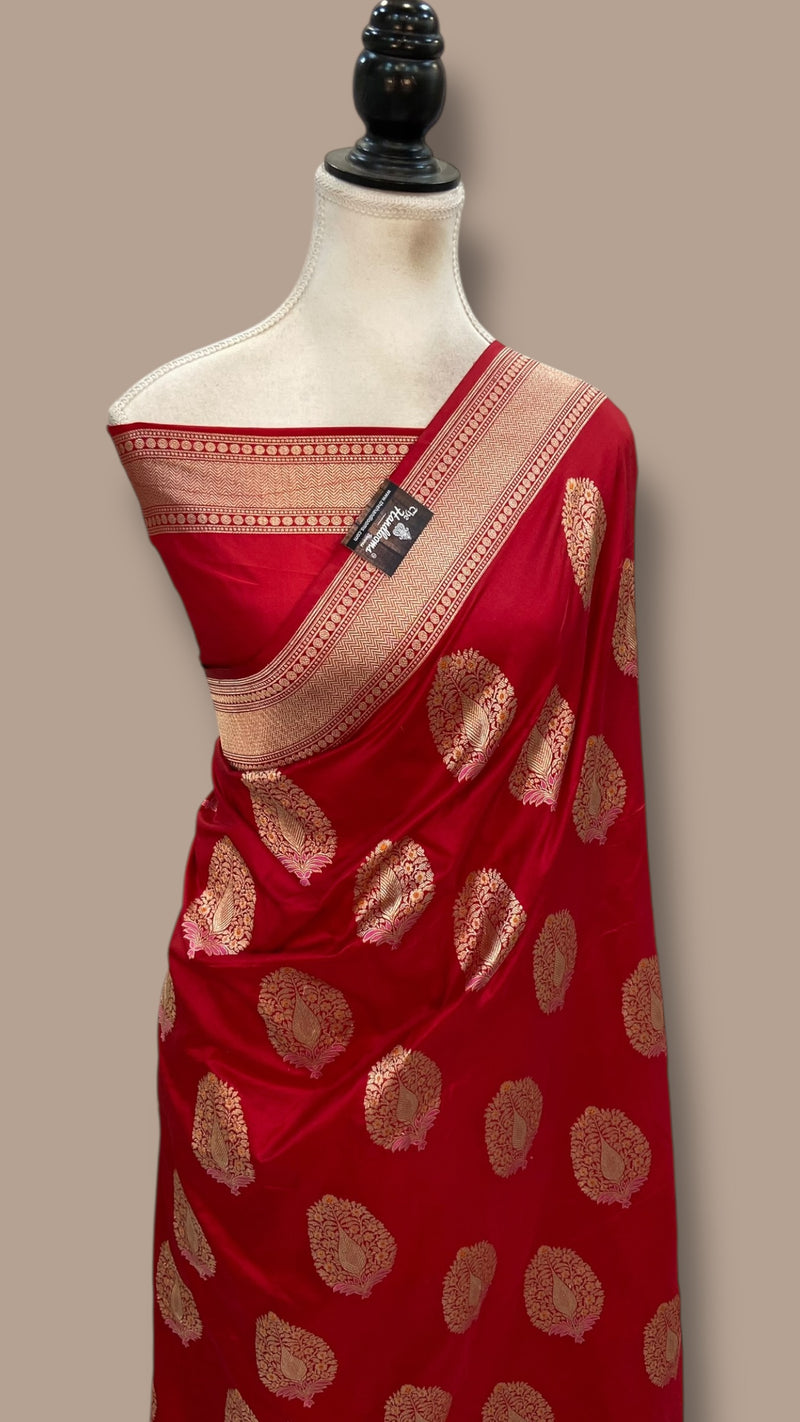 Red Nita Ambani Pure Katan Silk Banarasi Handloom Saree - All Over Boota Work With Meenakari - The Handlooms