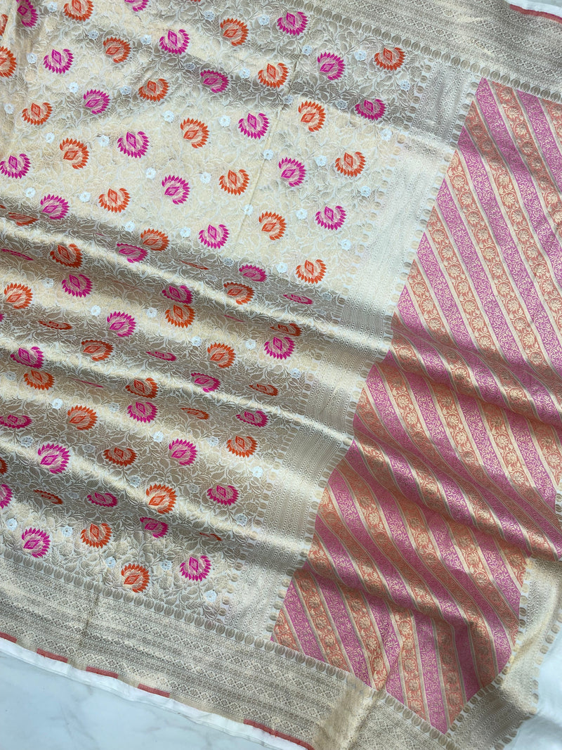 White Pure Katan Silk Handloom Banarasi Dupatta