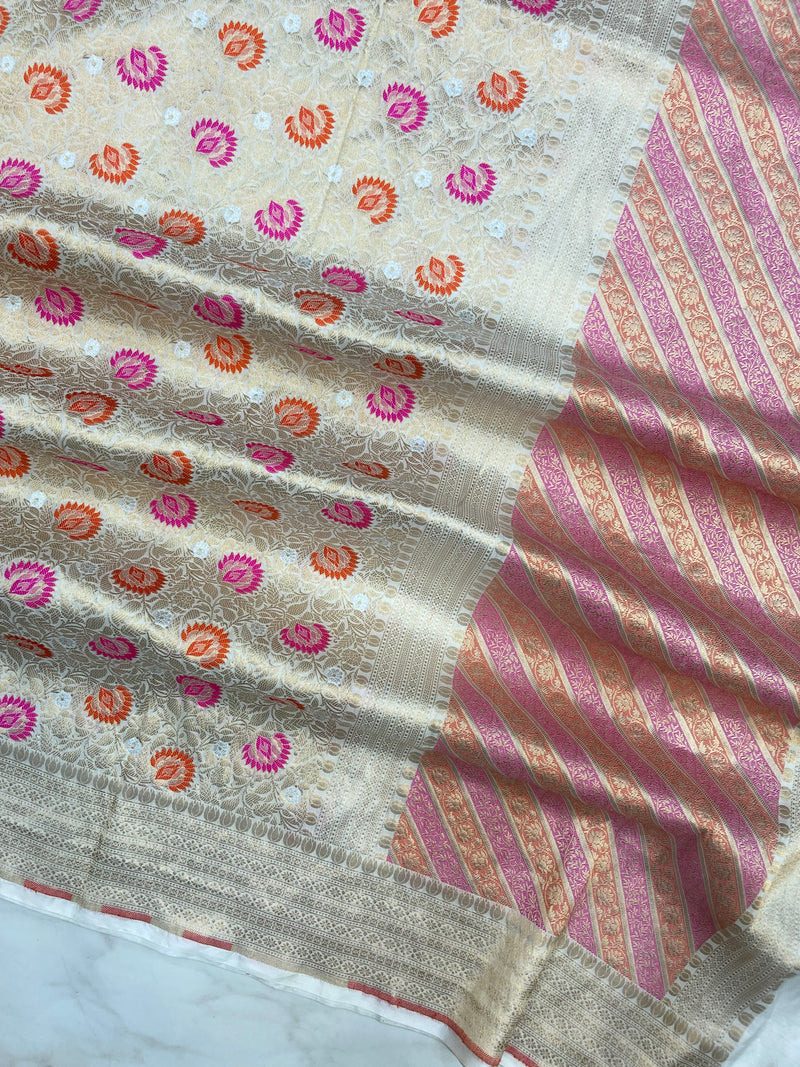 White Pure Katan Silk Handloom Banarasi Dupatta