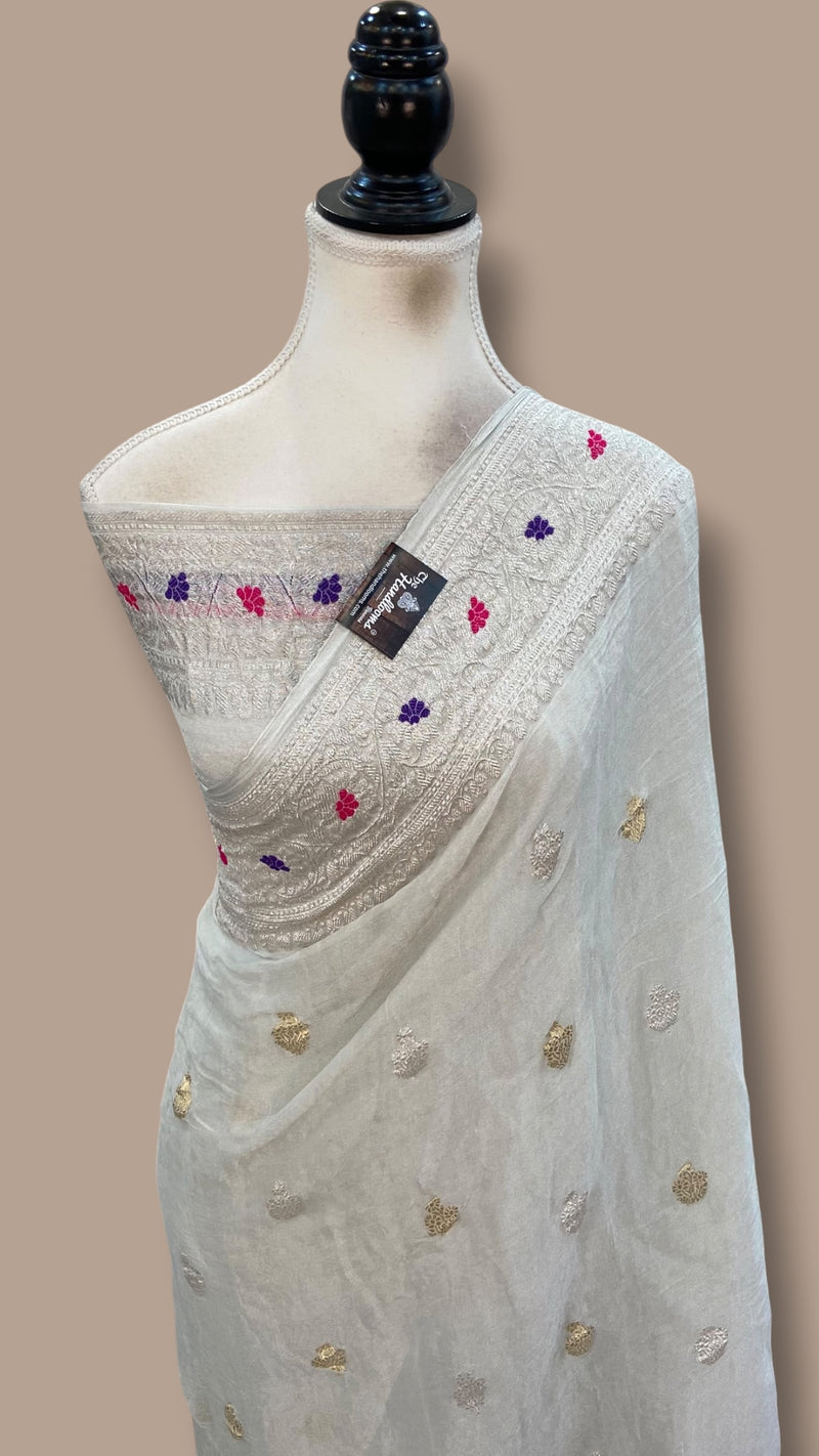 Handloom Banarasi Khaddi Georgette Tissue Saree | All-Over Sona Roopa Kadua Motifs & Meenakari