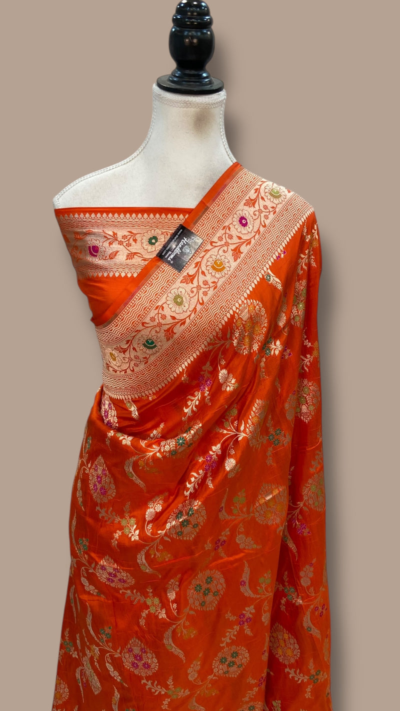Pure Katan Silk Banarasi Handloom Saree - All Over Jaal Work With Meenakari - The Handlooms