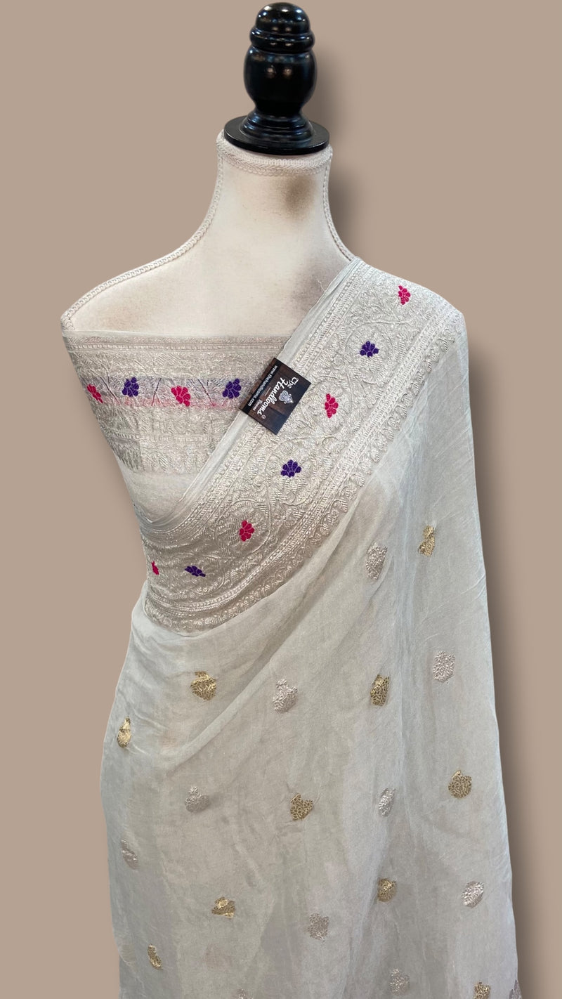 Handloom Banarasi Khaddi Georgette Tissue Saree | All-Over Sona Roopa Kadua Motifs & Meenakari