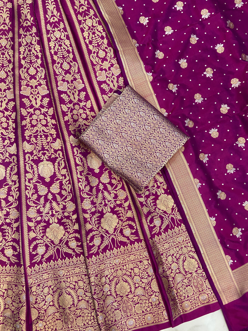 Pure Katan Silk Handloom Banarasi Lehenga All Over Sona Roopa Jaal Work - The Handlooms