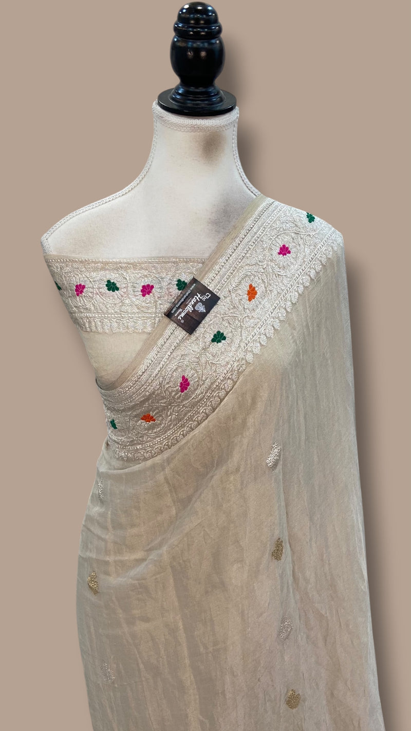Handloom Banarasi Khaddi Georgette Tissue Saree | All-Over Sona Roopa Kadua Motifs & Meenakari