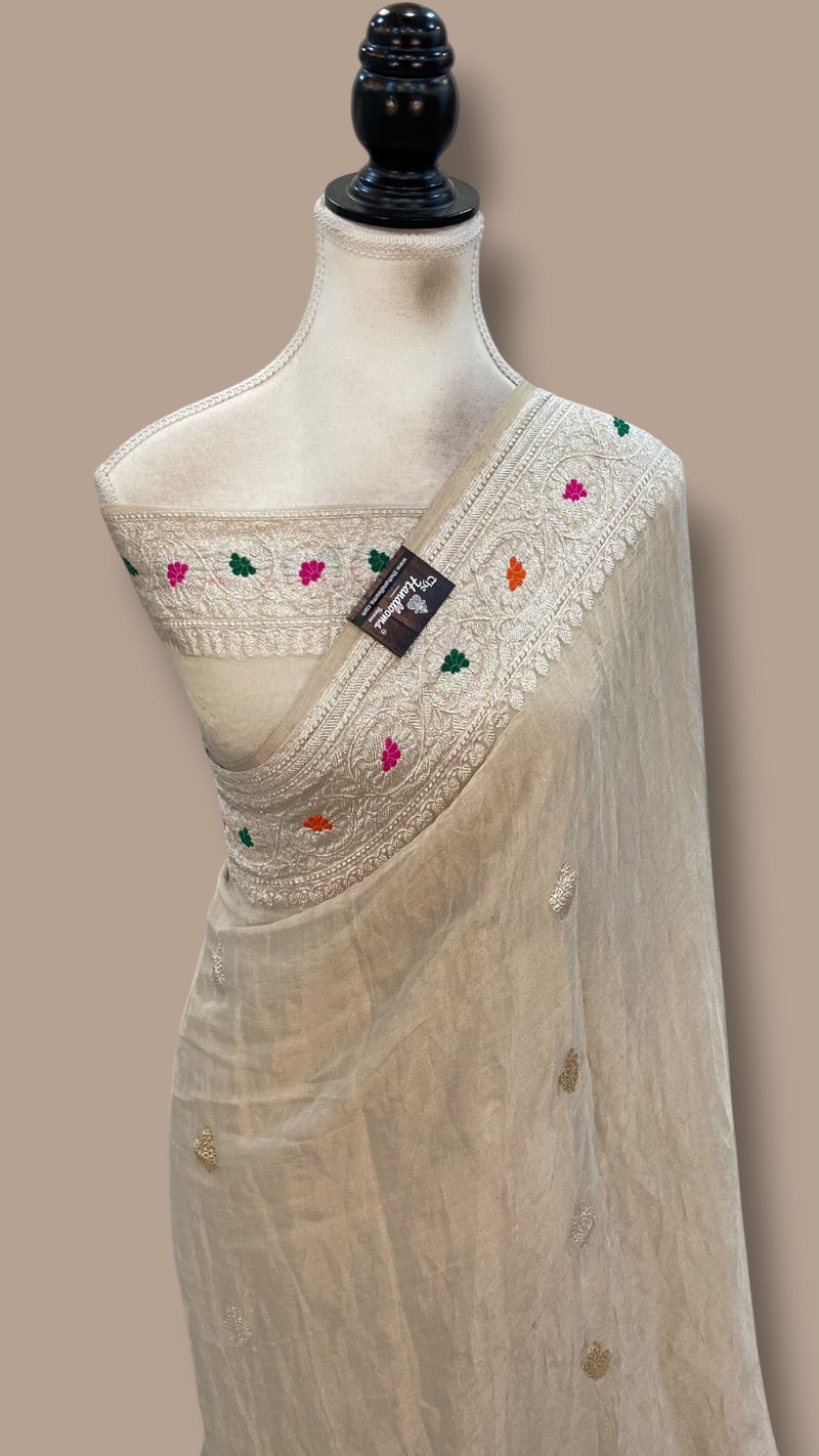 Handloom Banarasi Khaddi Georgette Tissue Saree | All-Over Sona Roopa Kadua Motifs & Meenakari