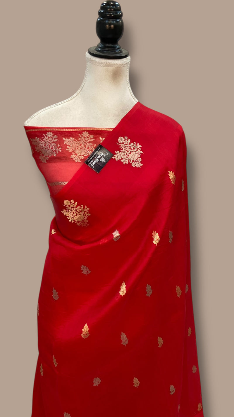 Red Pure Kora Silk Handloom Banarasi Saree - The Handlooms