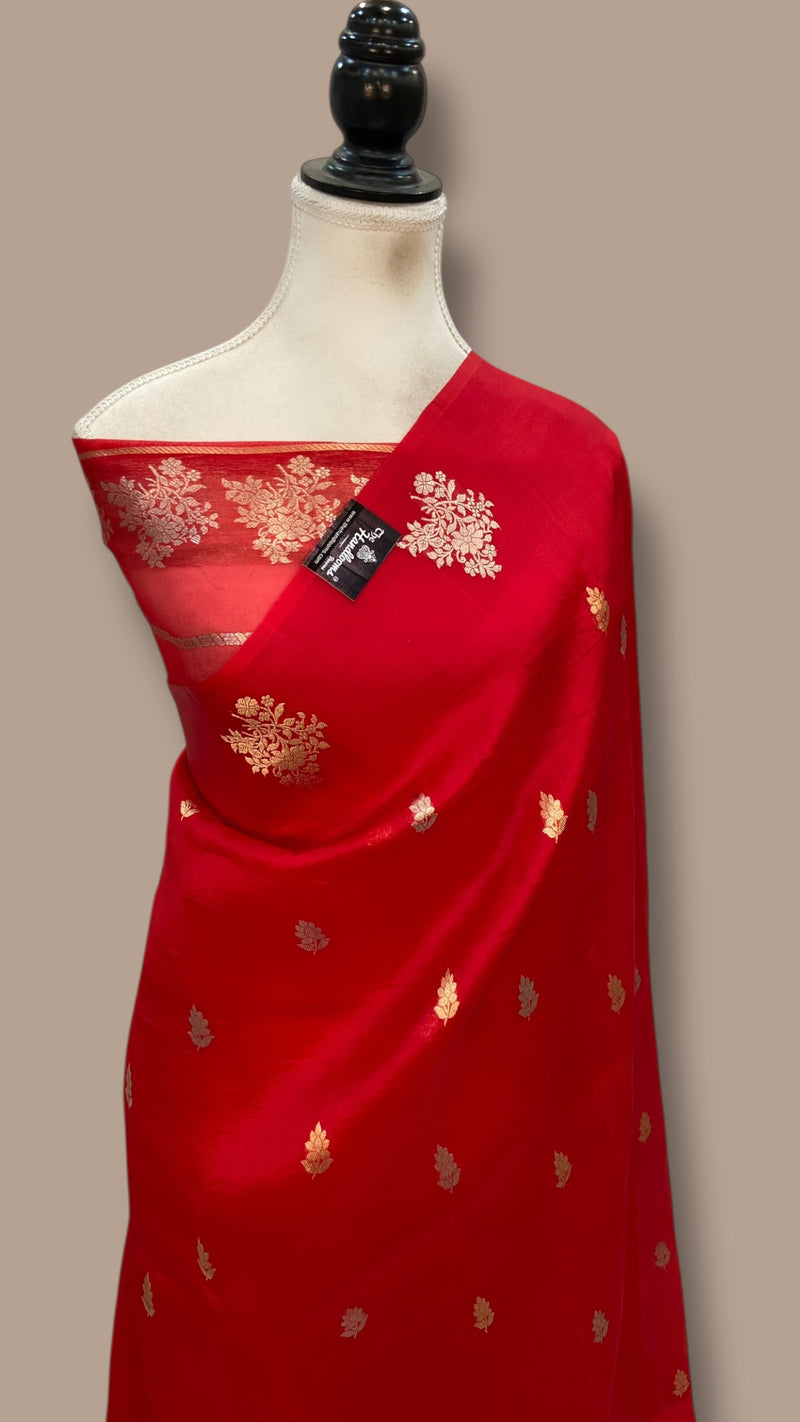 Red Pure Kora Silk Handloom Banarasi Saree - The Handlooms