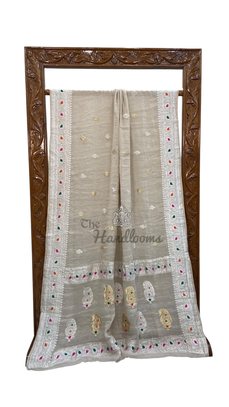 Handloom Banarasi Khaddi Georgette Tissue Saree | All-Over Sona Roopa Kadua Motifs & Meenakari
