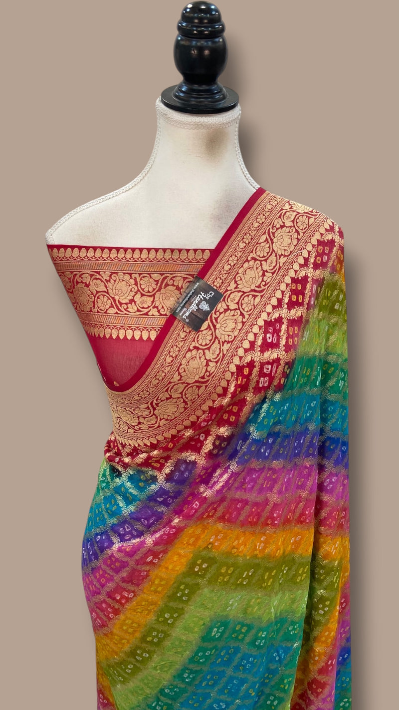 Pure Georgette Banarasi Bandhej Handloom Saree Multi shade