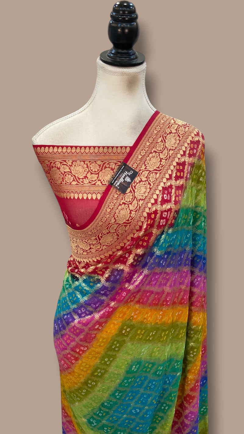 Pure Georgette Banarasi Bandhej Handloom Saree Multi shade