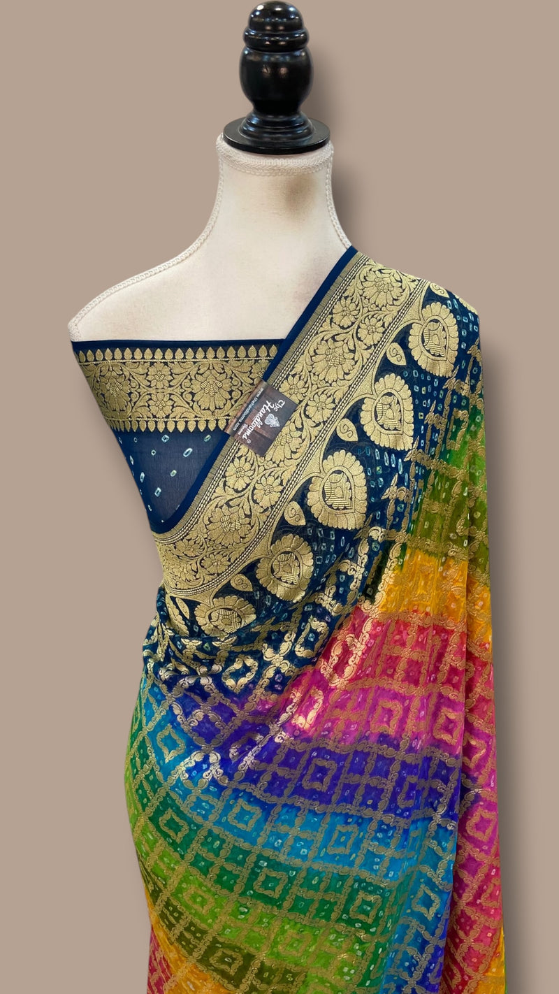Pure Georgette Banarasi Bandhej Handloom Saree Multi Shade
