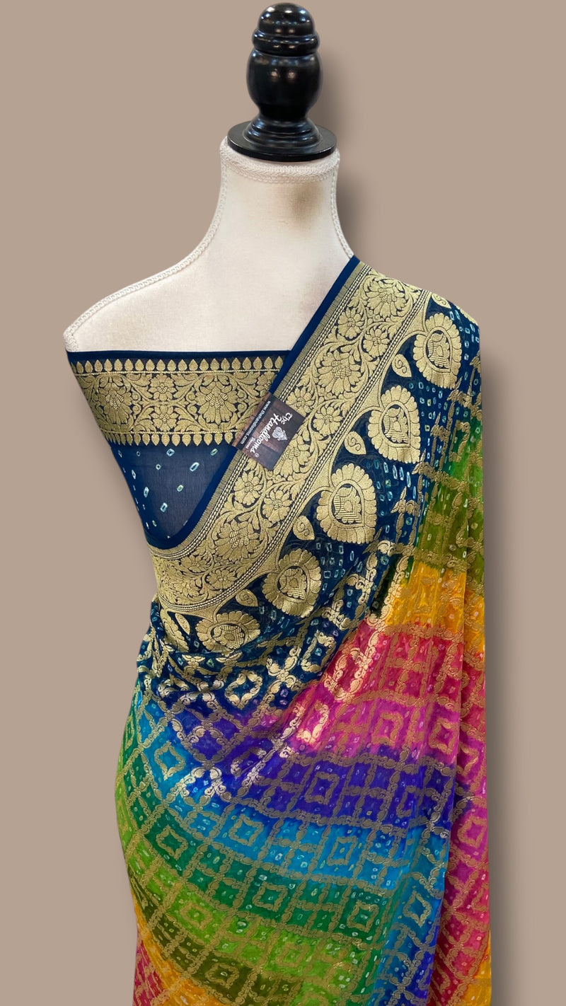 Pure Georgette Banarasi Bandhej Handloom Saree Multi Shade