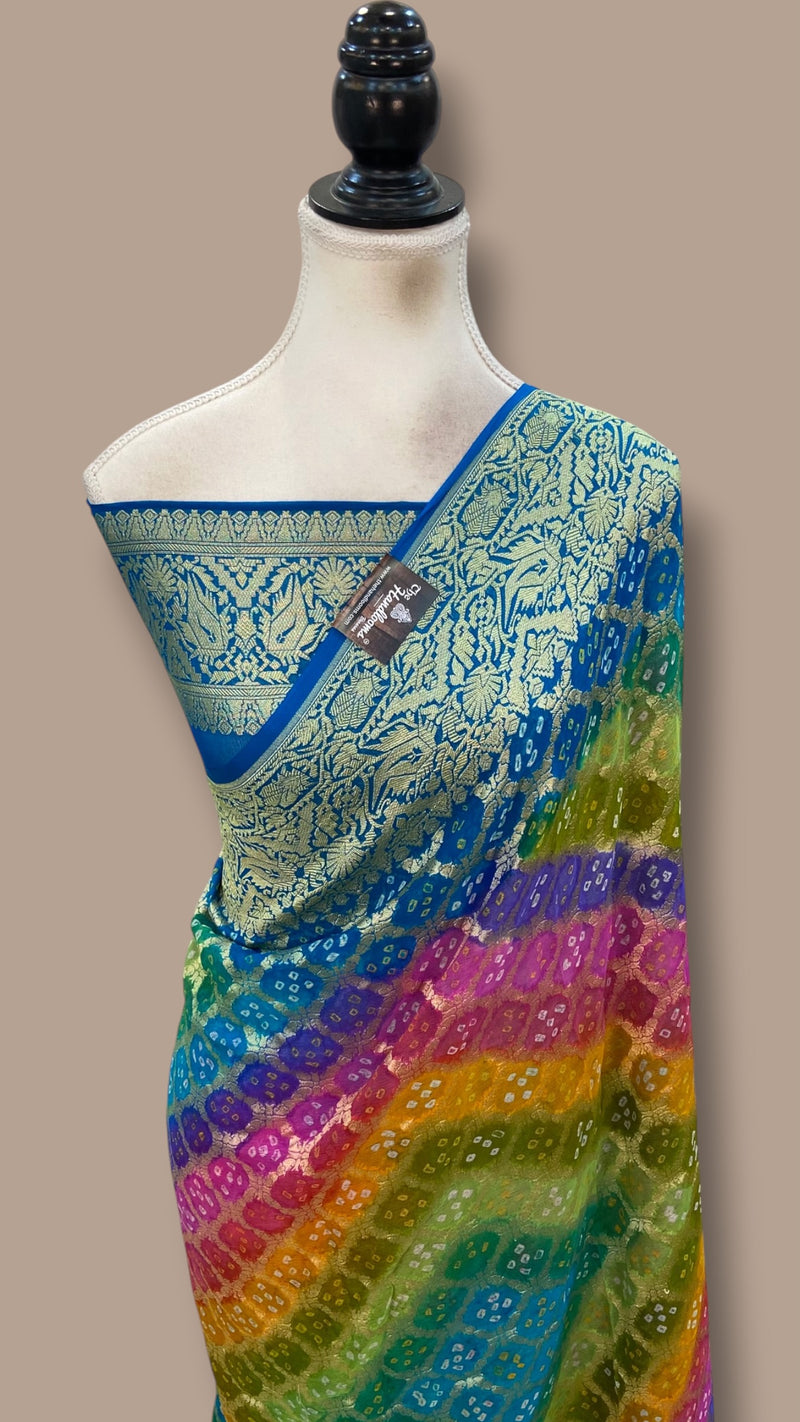 Pure Georgette Banarasi Bandhej Handloom Saree Multi Shade