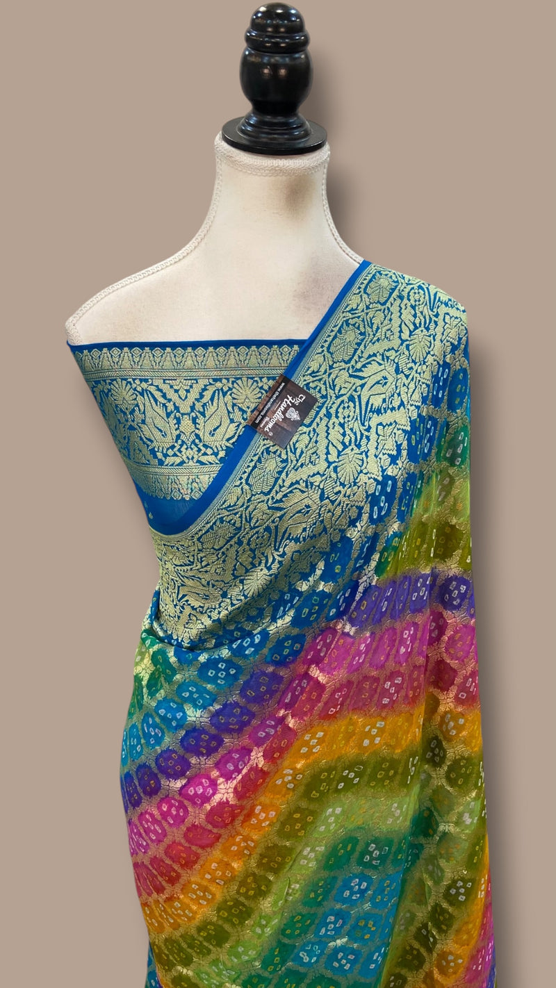 Pure Georgette Banarasi Bandhej Handloom Saree Multi Shade