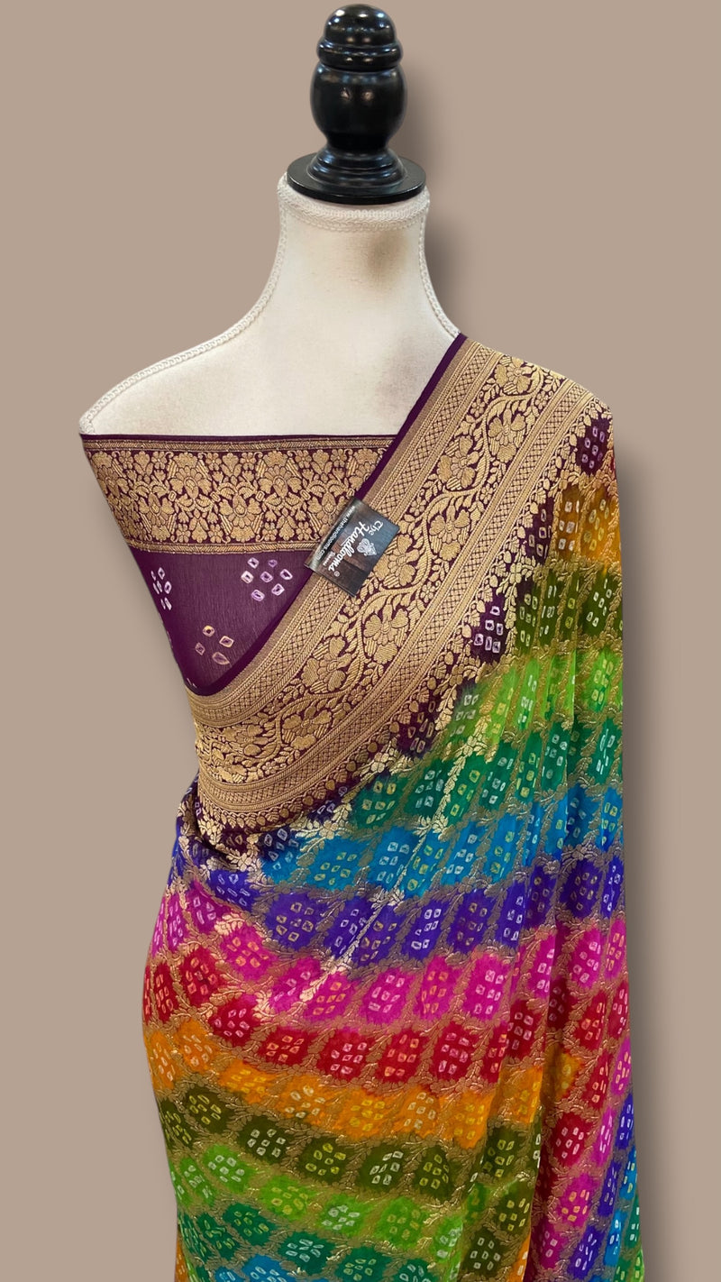 Pure Georgette Banarasi Bandhej Handloom Saree Multi Shade