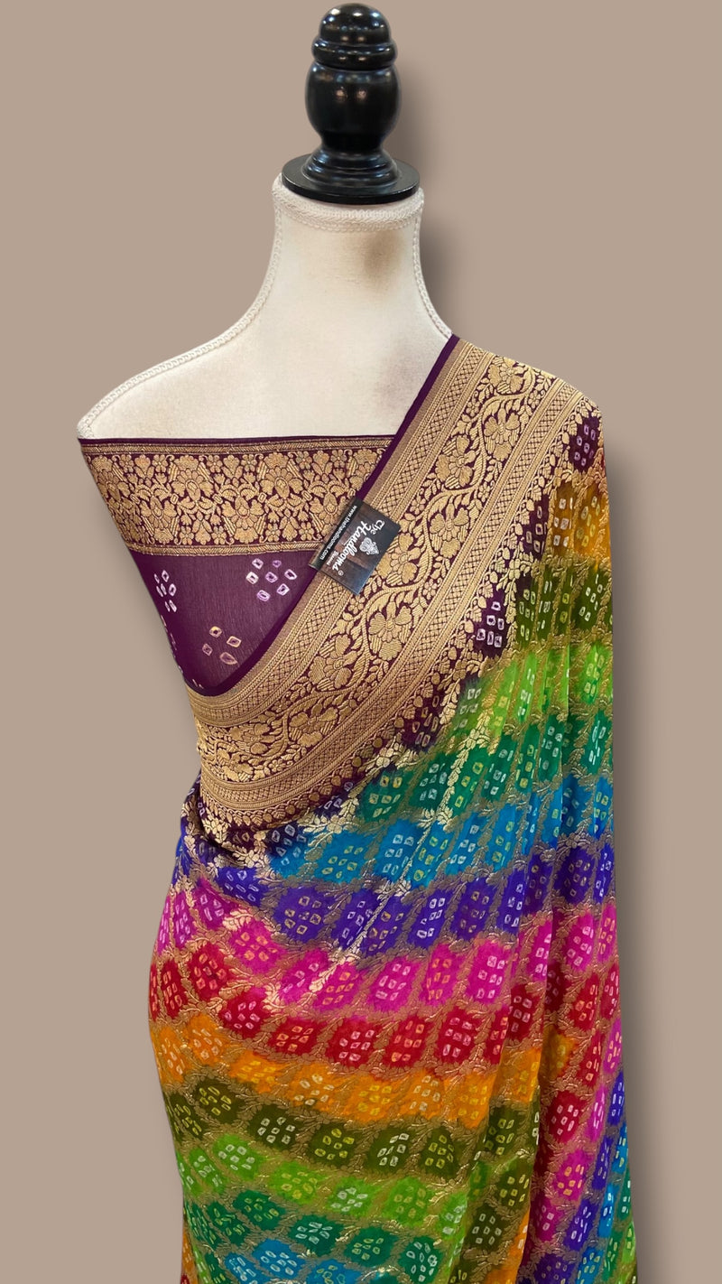 Pure Georgette Banarasi Bandhej Handloom Saree Multi Shade