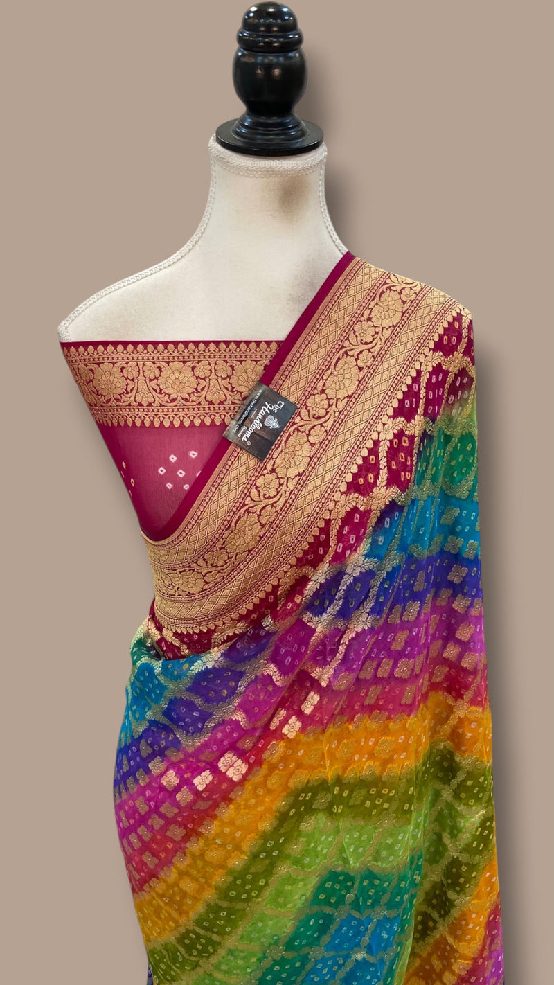 Pure Georgette Banarasi Bandhej Handloom Saree Multi Shade