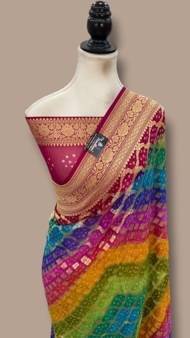 Pure Georgette Banarasi Bandhej Handloom Saree Multi Shade