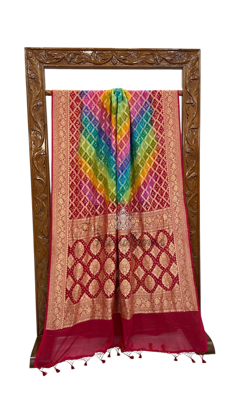 Pure Georgette Banarasi Bandhej Handloom Saree Multi shade