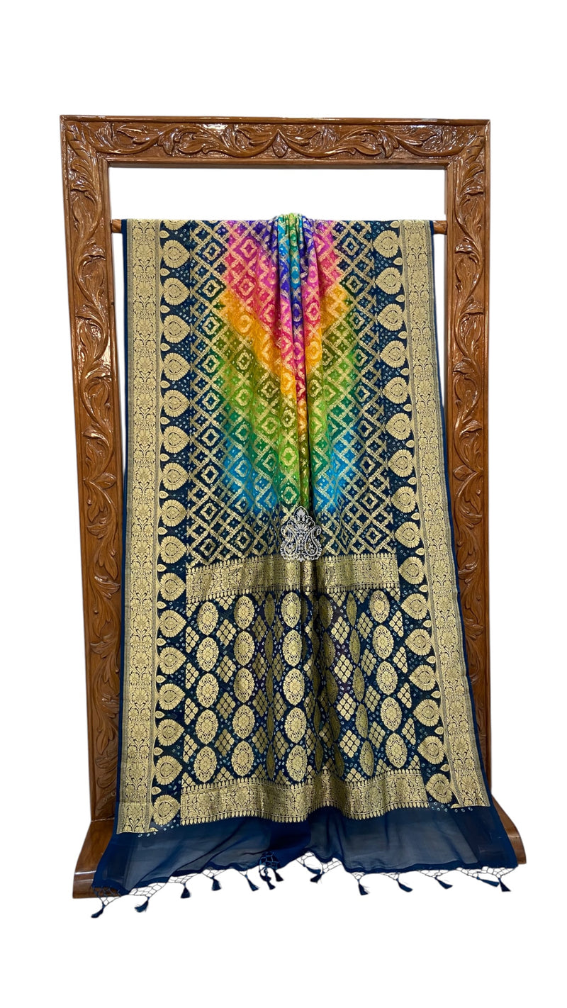 Pure Georgette Banarasi Bandhej Handloom Saree Multi Shade