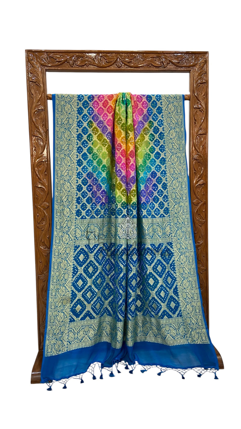Pure Georgette Banarasi Bandhej Handloom Saree Multi Shade