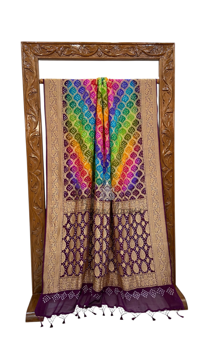 Pure Georgette Banarasi Bandhej Handloom Saree Multi Shade