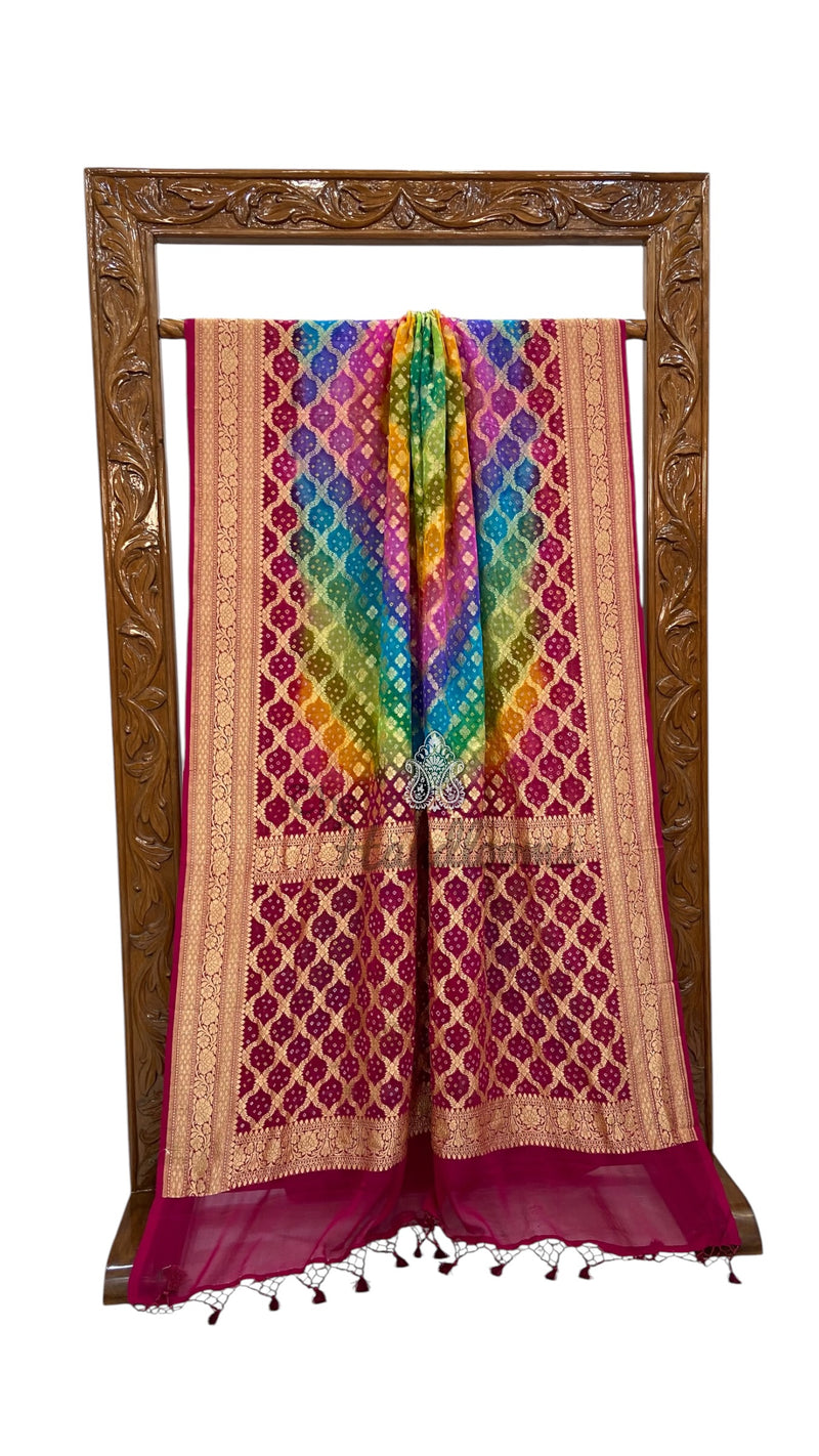 Pure Georgette Banarasi Bandhej Handloom Saree Multi Shade
