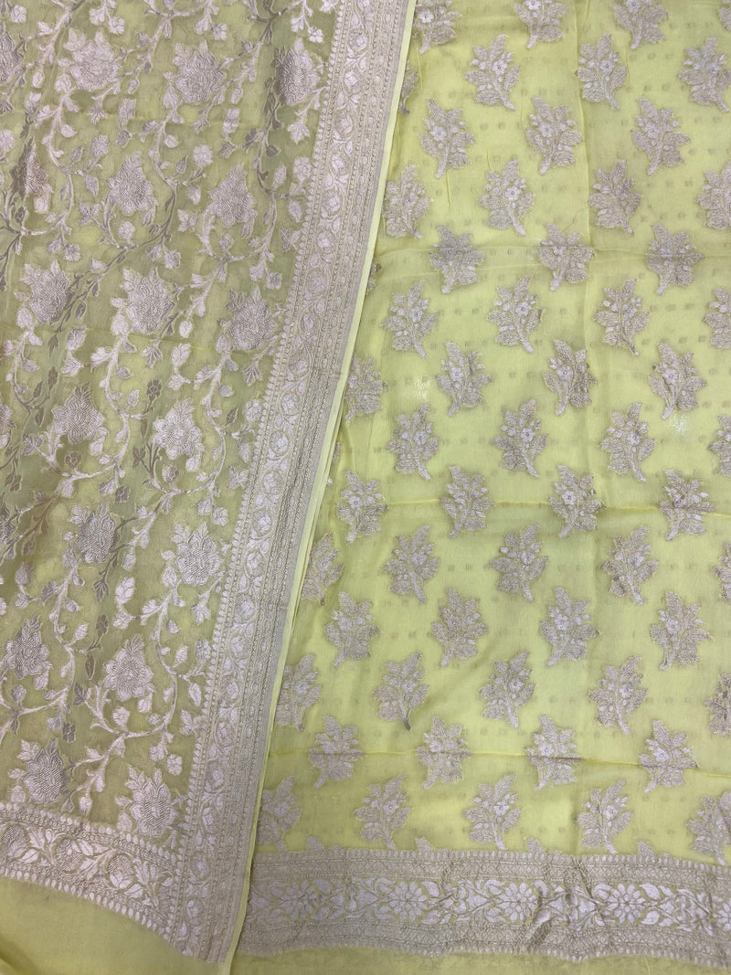 Yellow Khaddi Georgette Banarasi Dress material Water Zari - The Handlooms