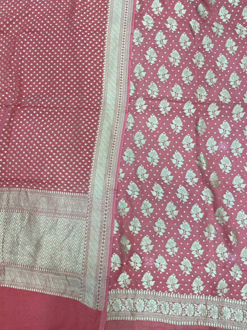 Peach Khaddi Georgette Banarasi Dress material Water Zari - The Handlooms