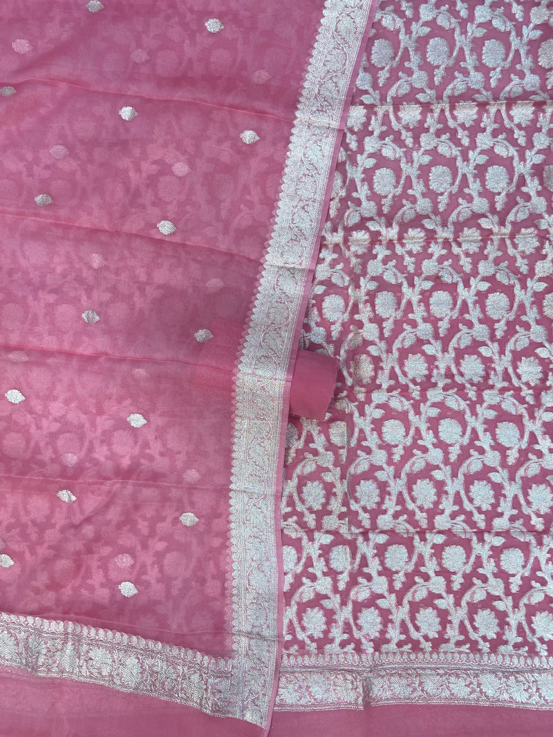 Khaddi Georgette Banarasi Dress material Silver Zari - The Handlooms