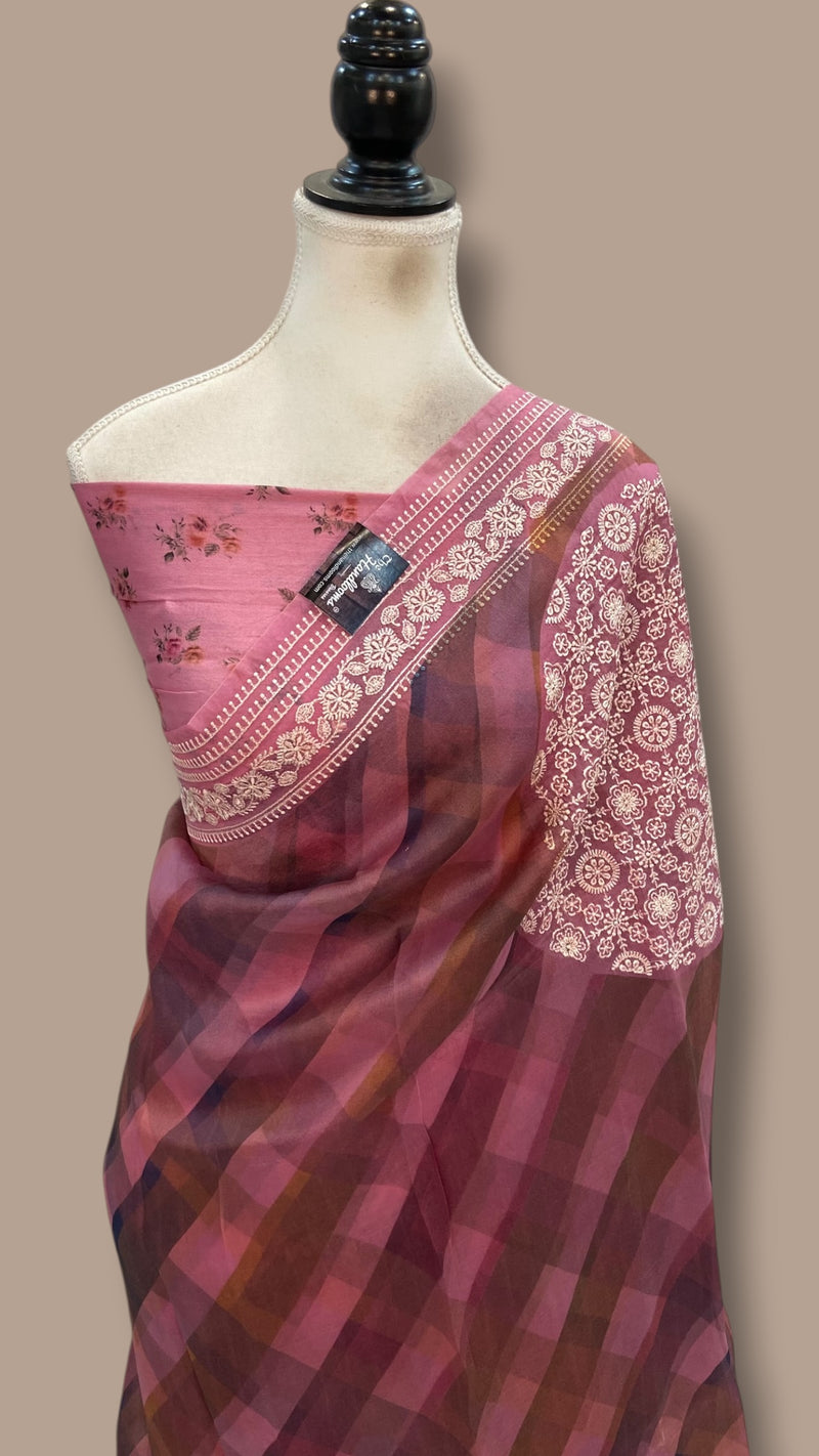 Pure Organza Digital Print with Chikankari Handloom Banarasi Saree - The Handlooms