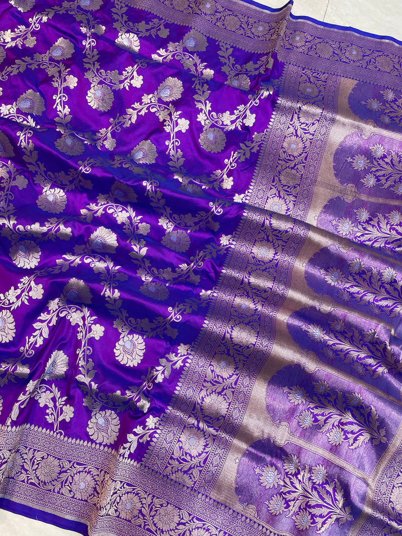 Purple Pure Katan Silk Banarasi Handloom Saree - All over Sona Roopa Jaal work - The Handlooms