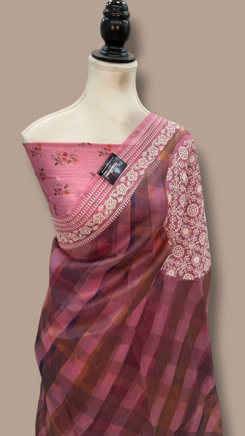 Pure Organza Digital Print with Chikankari Handloom Banarasi Saree - The Handlooms