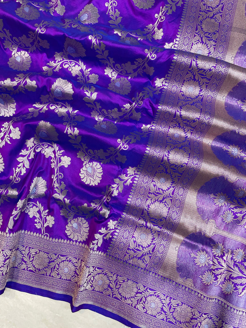 Purple Pure Katan Silk Banarasi Handloom Saree - All over Sona Roopa Jaal work - The Handlooms