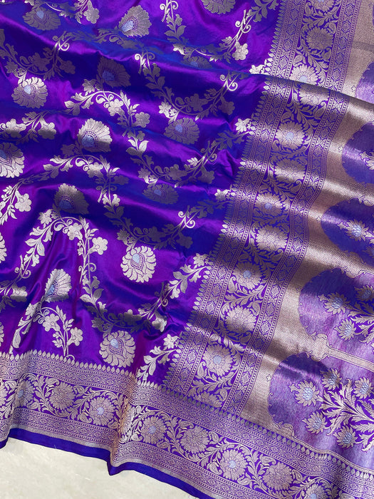 Purple Pure Katan Silk Banarasi Handloom Saree - All over Jaal work with Meenakari