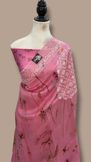 Pure Organza Digital Print with Chikankari Handloom Banarasi Saree - The Handlooms