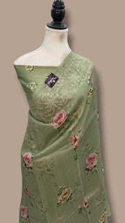 Pure Organza Digital Print with Chikankari Handloom Banarasi Saree - The Handlooms