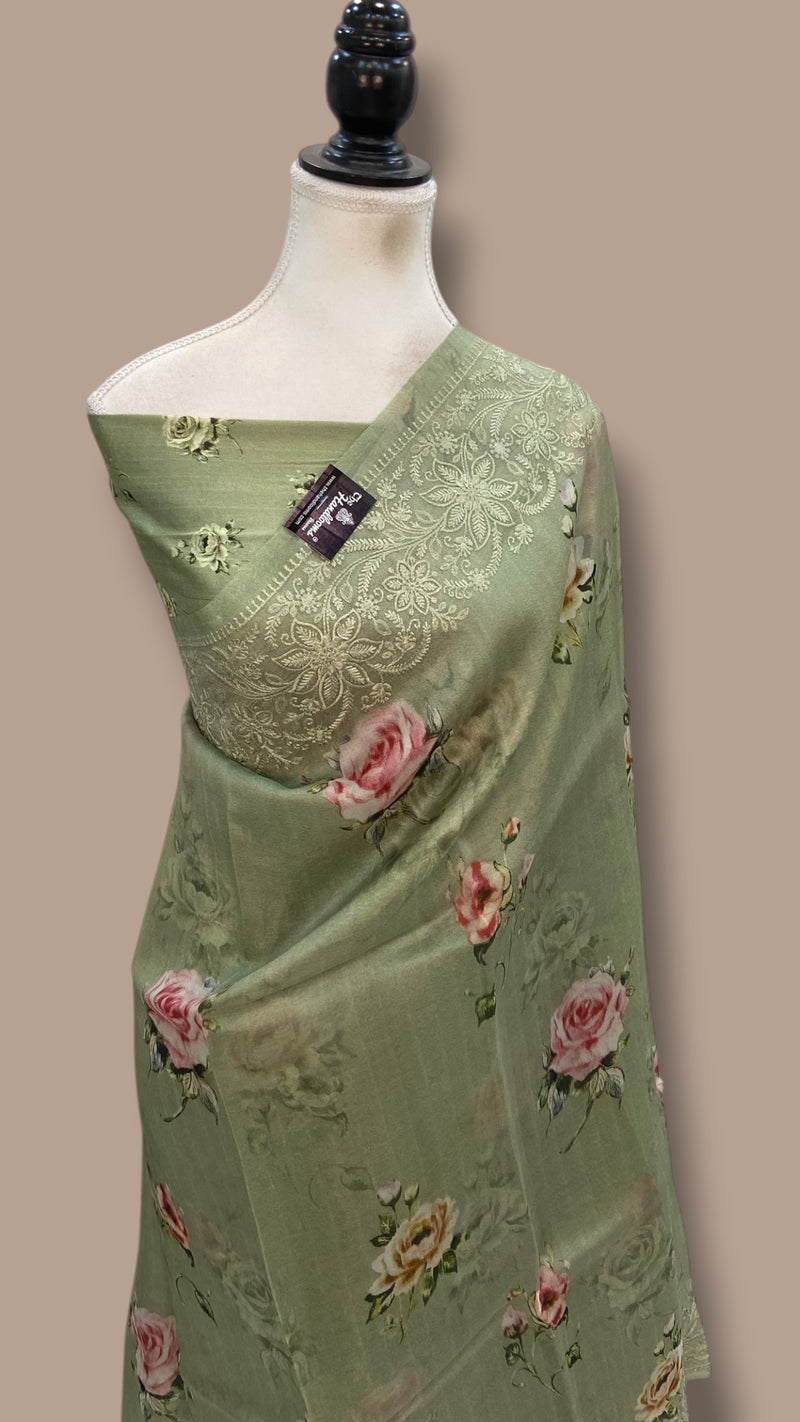 Pure Organza Digital Print with Chikankari Handloom Banarasi Saree - The Handlooms
