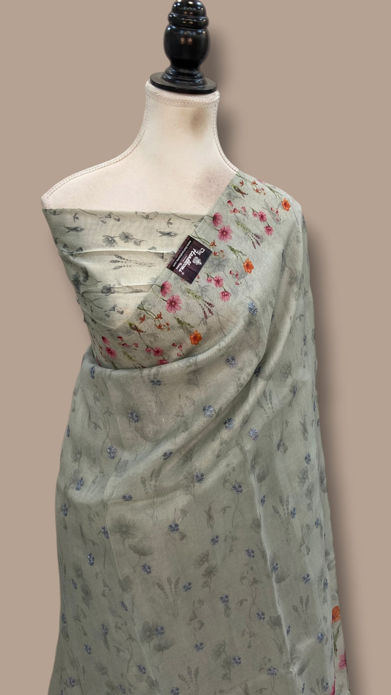 Pure Organza Digital Print with Chikankari Handloom Banarasi Saree - The Handlooms