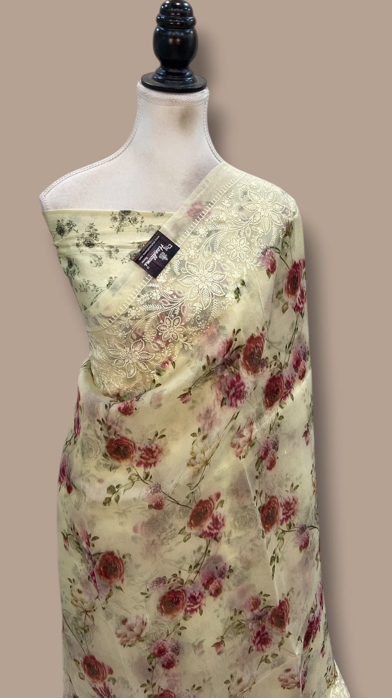 Pure Organza Digital Print with Chikankari Handloom Banarasi Saree - The Handlooms