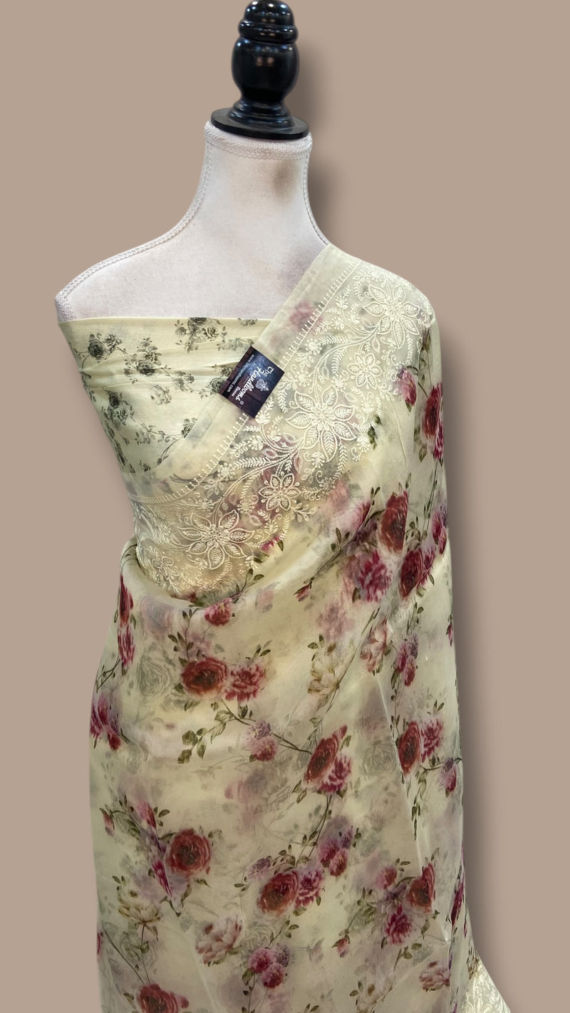 Pure Organza Digital Print with Chikankari Handloom Banarasi Saree - The Handlooms