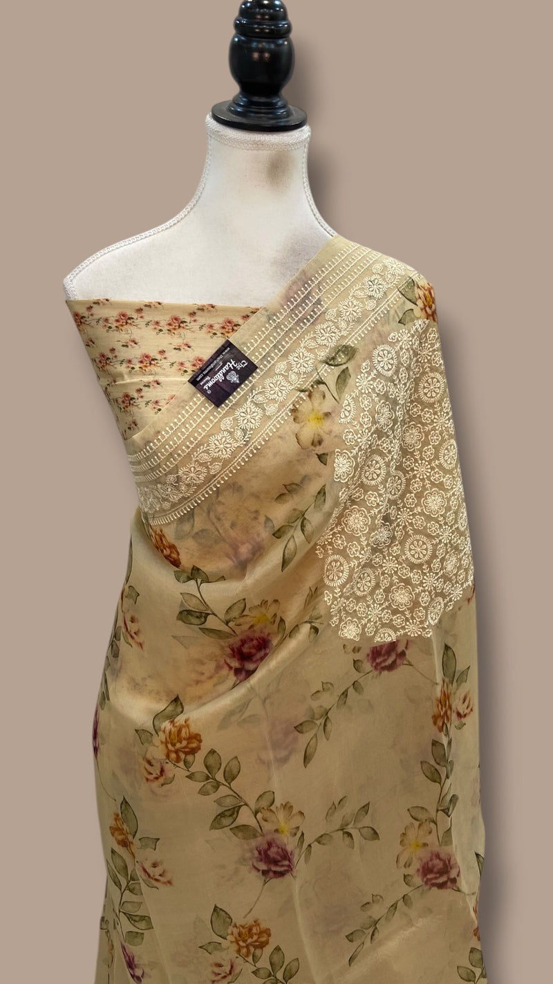 Pure Organza Digital Print With Chikankari Handloom Banarasi Saree - The Handlooms
