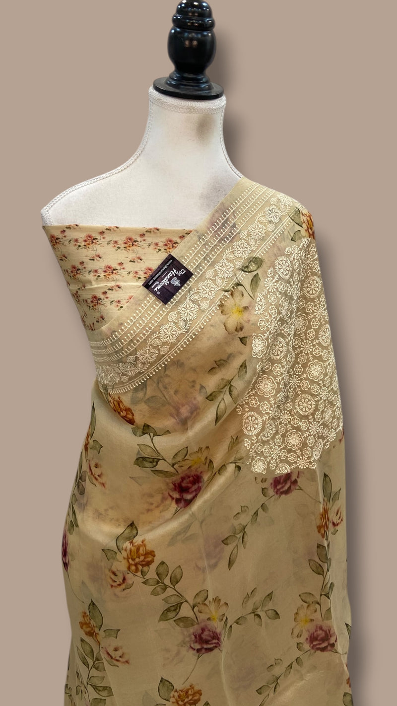Pure Organza Digital Print With Chikankari Handloom Banarasi Saree - The Handlooms