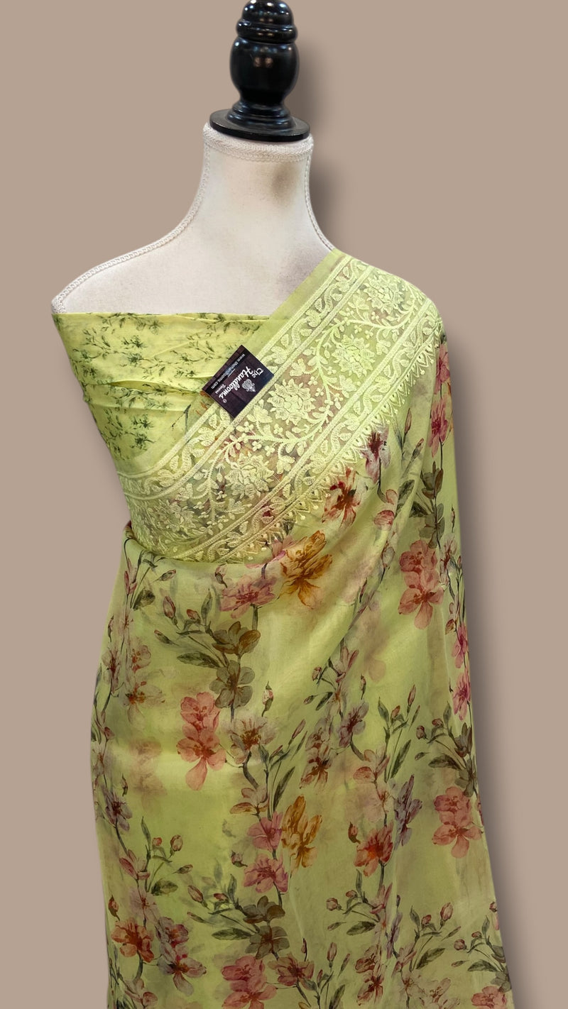 Pure Organza Digital Print With Chikankari Handloom Banarasi Saree - The Handlooms