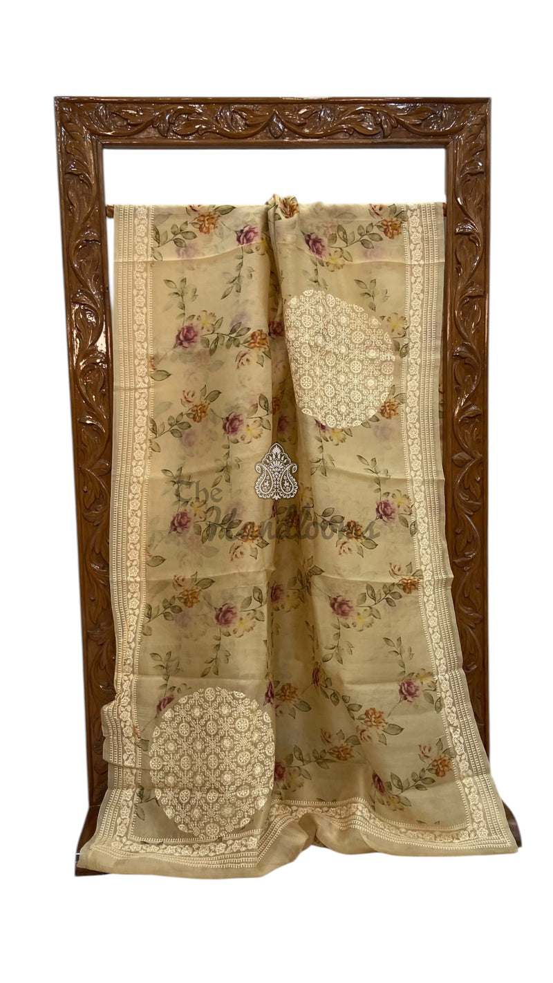 Pure Organza Digital Print With Chikankari Handloom Banarasi Saree - The Handlooms