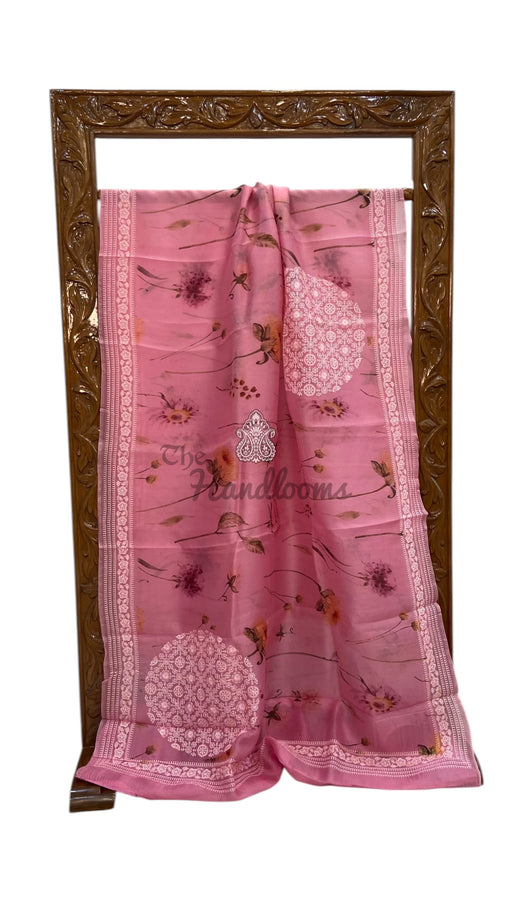 Pure Organza Digital Print with Chikankari Handloom Banarasi Saree - The Handlooms