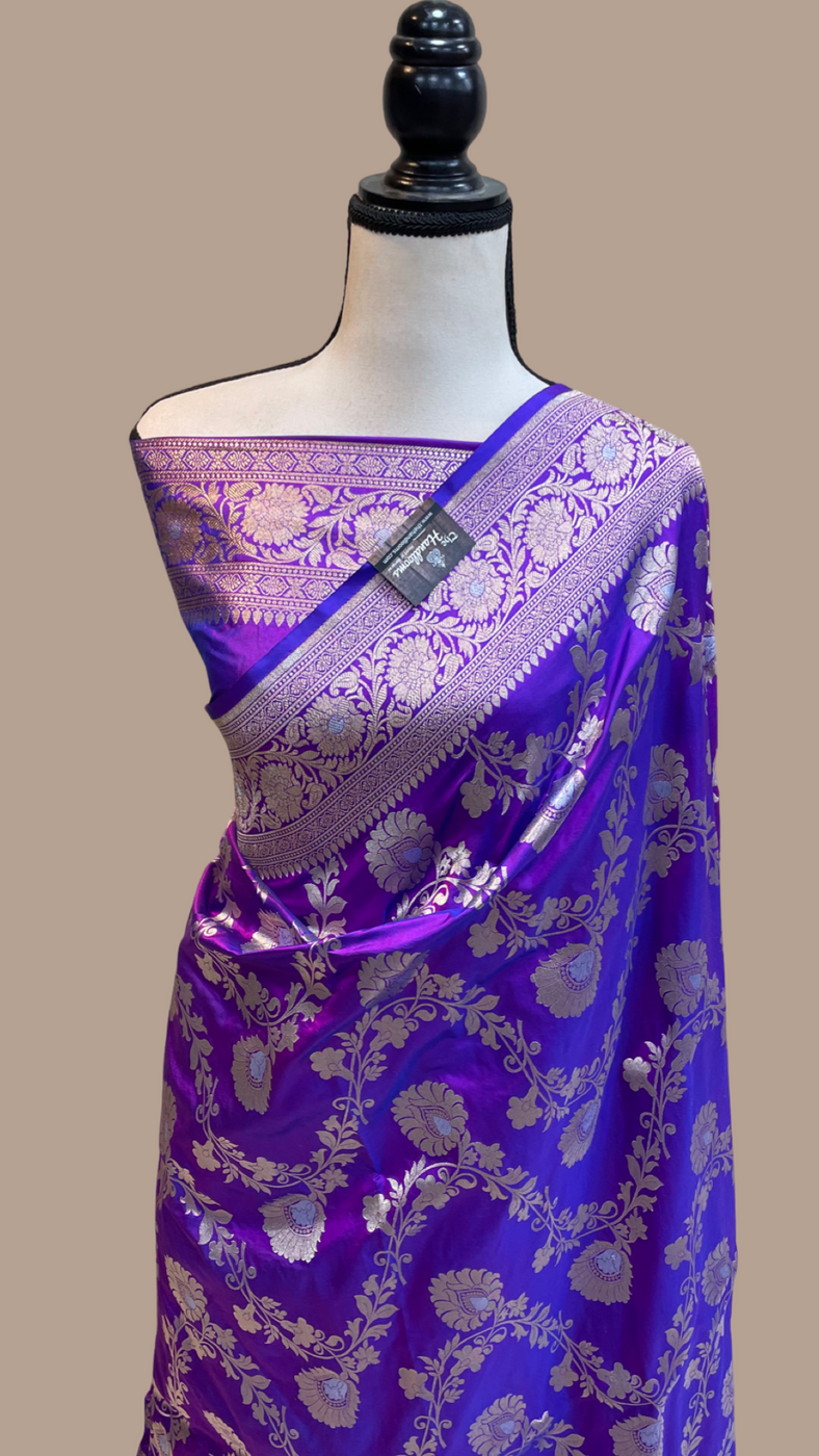 Purple Pure Katan Silk Banarasi Handloom Saree - All over Sona Roopa Jaal work - The Handlooms