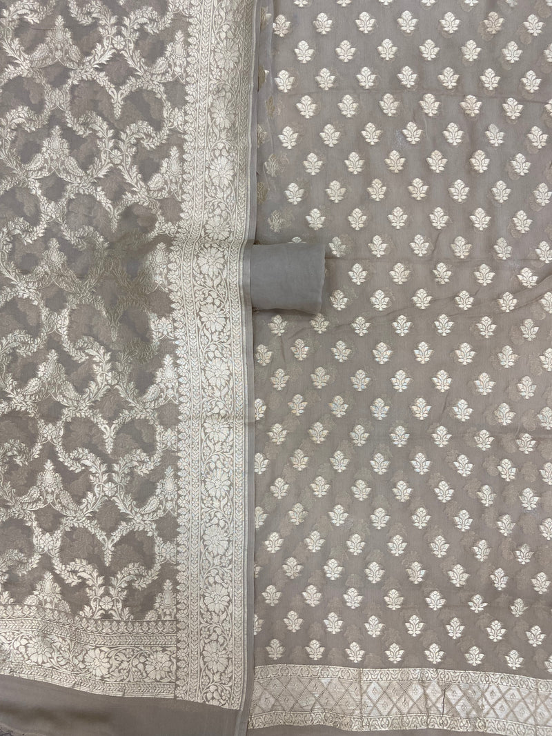 Green Beige Khaddi Georgette Banarasi Dress material Water Zari - The Handlooms