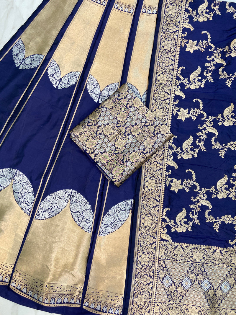 Pure Katan Silk Handloom Banarasi Lehenga All Over Sona Roopa Jaal Work - The Handlooms