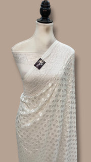 White Pure Khaddi Georgette Handloom Banarasi Saree - The Handlooms